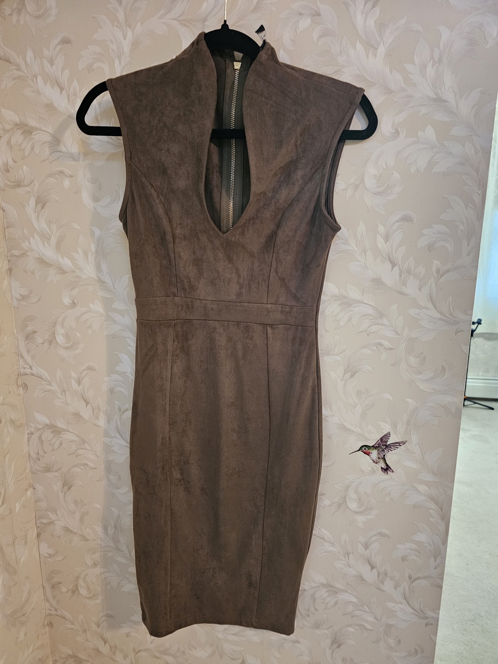 Faux-Suede Midi Sheath Dress with Keyhole Neckline